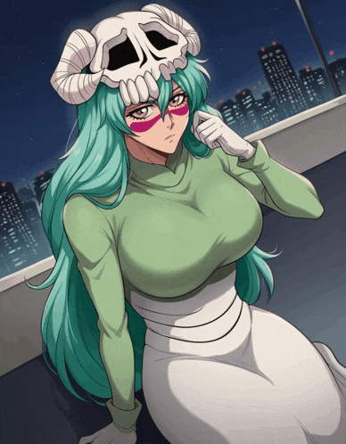 a woman with long green hair and a skull mask on her head