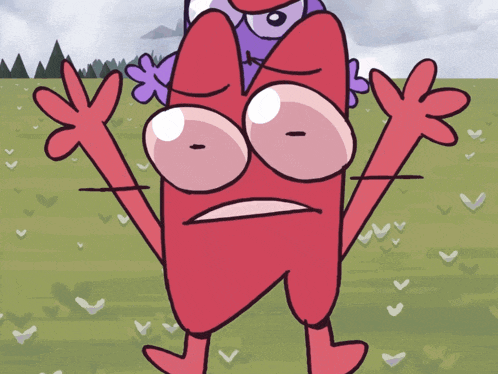 a red cartoon character with a purple flower on his head stands in a field