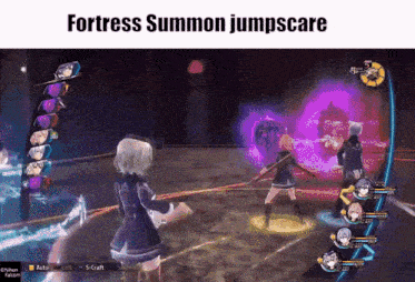 a screenshot of a video game with the words fortress summon jumpscare at the top