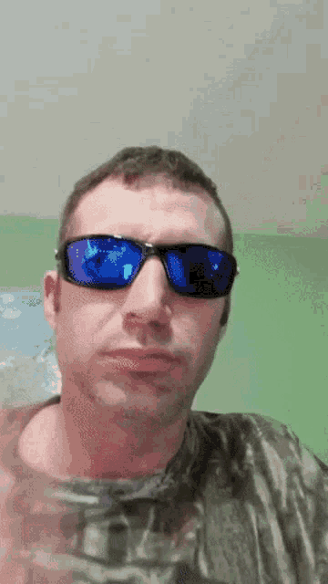 a man wearing blue sunglasses and a camo shirt looks at the camera