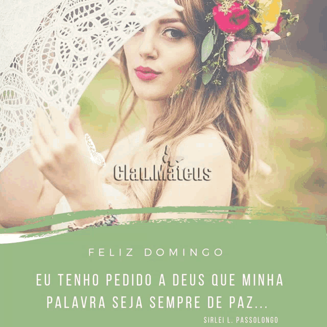 a woman with flowers in her hair is holding an umbrella with the words feliz domingo on the bottom