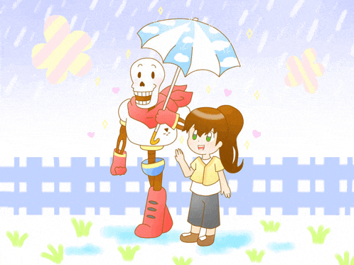 a cartoon drawing of a girl and a skeleton holding an umbrella