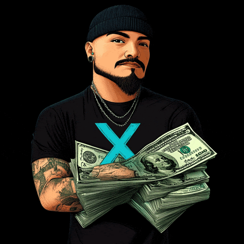 a man in a black shirt with an x on it is holding a pile of money
