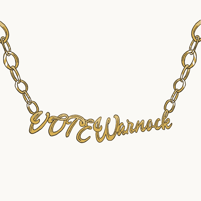 a gold chain necklace with the name vote warnock on it