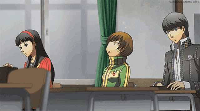 a group of anime characters are sitting at desks in a classroom with the words various anime gifs above them