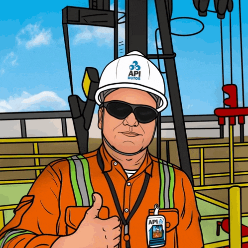a cartoon drawing of a man wearing a hard hat that says api on it