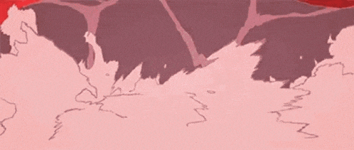 a close up of a drawing of a landscape with mountains and trees on a red background .