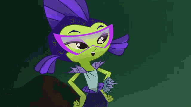 a green and purple cartoon character with glasses