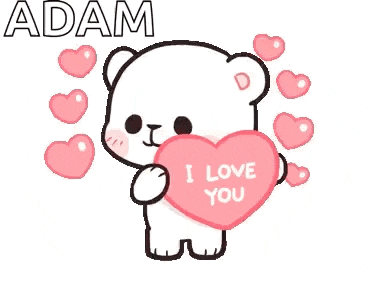 a white teddy bear is holding a pink heart that says `` i love you '' surrounded by pink hearts .