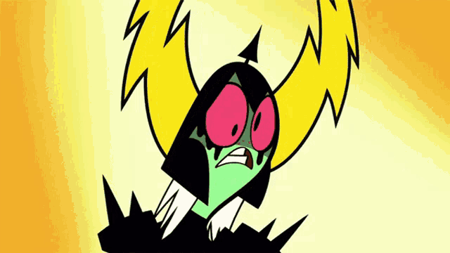 a cartoon character with red eyes and yellow horns looks angry