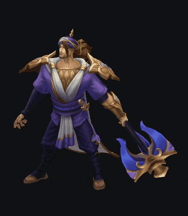 a video game character with a purple cape holding a blue sword