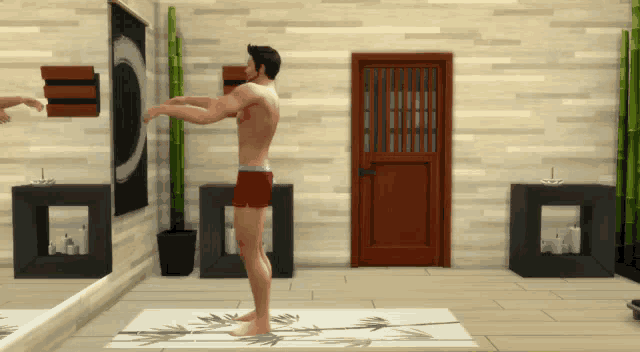 a man in red underwear stands on a yoga mat in front of a mirror