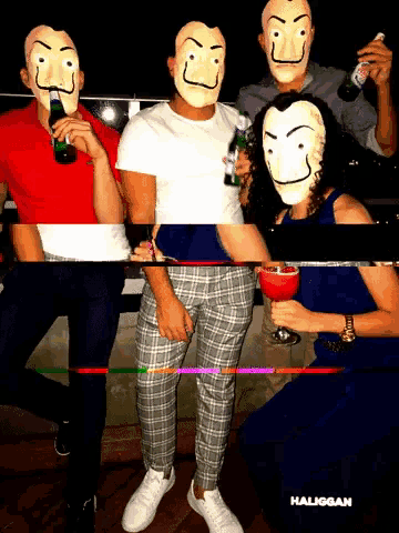 a group of people wearing masks with the word haliggan on the bottom left