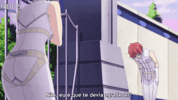 a man with red hair bows in front of a woman in a white dress and says " não eu e que te devia agradecer "