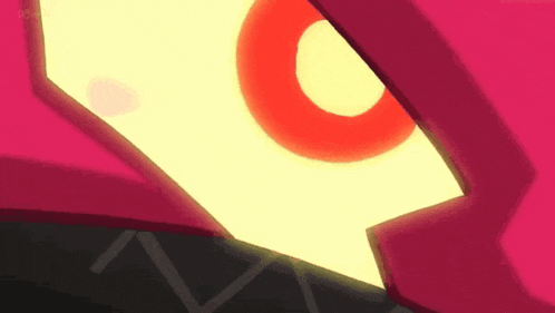a close up of a cartoon character 's eye with a yellow circle in the middle .
