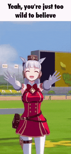 a girl in a red dress is standing in a field with her arms outstretched and says yeah you 're just too wild