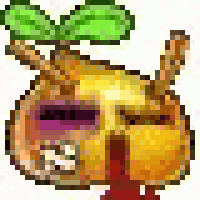 a pixel art of a bee with a green leaf on it 's head .