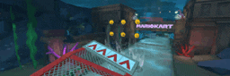 a video game scene with a sign that says mario kart