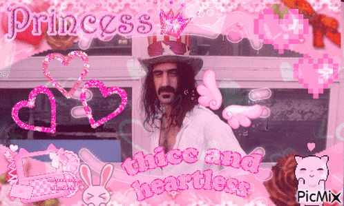 a man in a hat is surrounded by pink hearts and the words thick and heartless