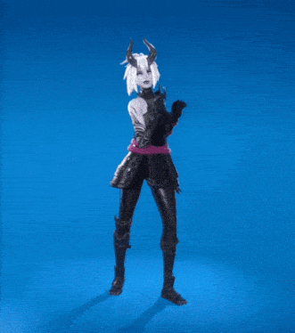 a video game character with horns is dancing with her arms in the air