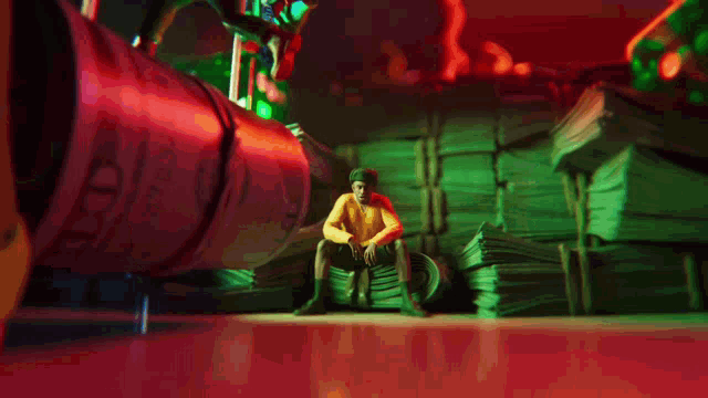 a man is sitting on a pile of money in front of a neon sign that says ' i love you '