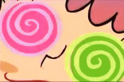a cartoon drawing of a girl with a pink and green spiral in her eyes