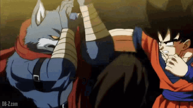 a cartoon of goku and a wolf fighting each other with db-z.com at the bottom