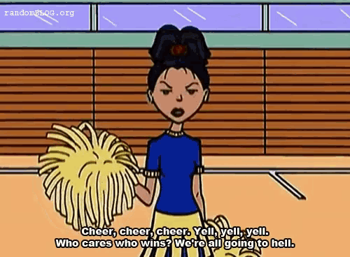 a cartoon of a cheerleader saying cheer cheer cheer yell yell yell who cares who wins