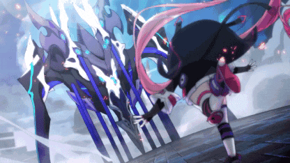 a girl with pink hair is holding a sword