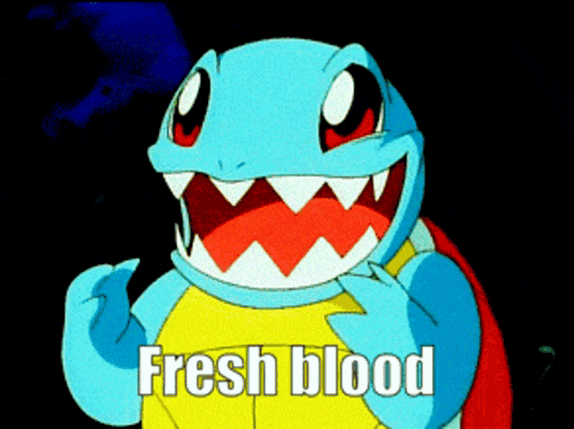 a cartoon turtle says fresh blood in a dark room