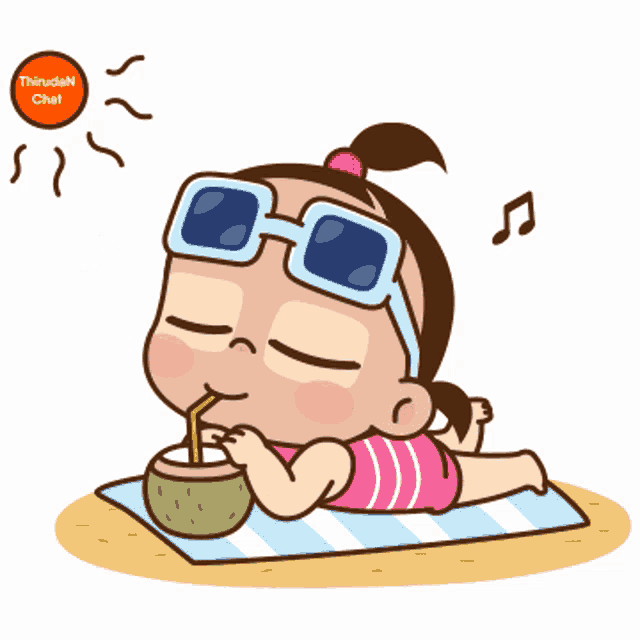 a cartoon of a girl drinking from a coconut with a straw