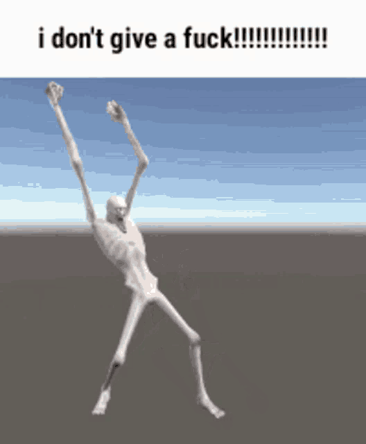 a skeleton with its arms in the air and the words i don t give a fuck