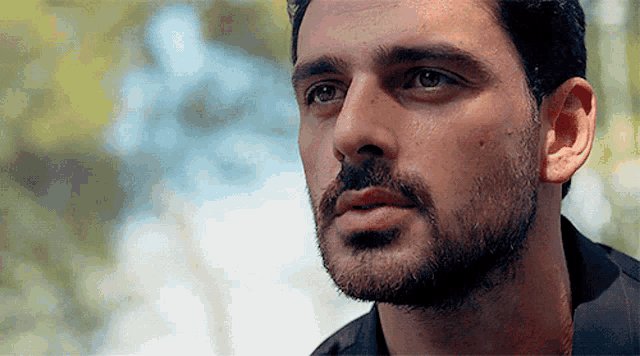 a close up of a man 's face with a beard and mustache .