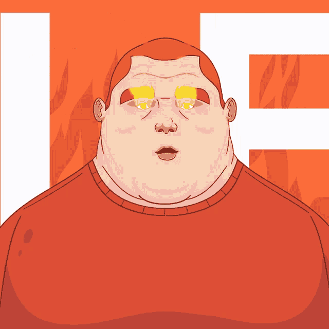 a cartoon drawing of a fat man with glowing eyes