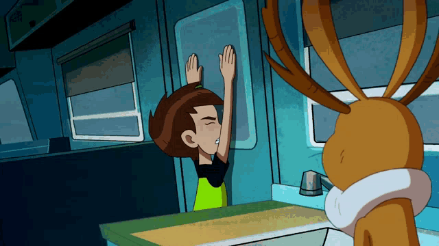 a cartoon of a boy and a brown rabbit