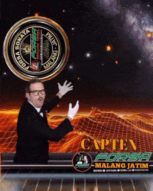 a man in a tuxedo stands in front of a logo for forsa malang jatim