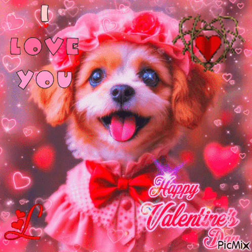a puppy wearing a pink dress and hat says " i love you "