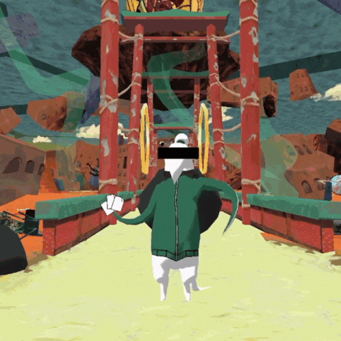 a cartoon character wearing a green jacket is standing in front of a building