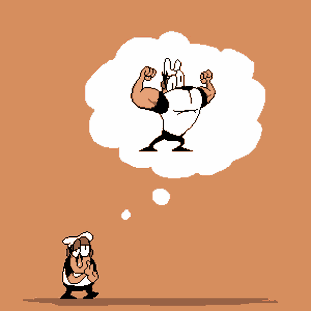 a pixelated cartoon of a chef thinking about a stack of spaghetti