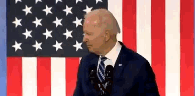 joe biden is giving a speech in front of an american flag .