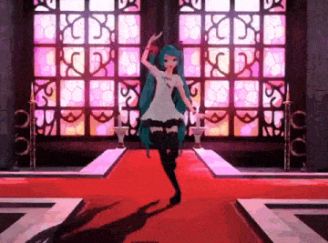 a girl with blue hair is dancing on a red carpet in front of a stained glass window