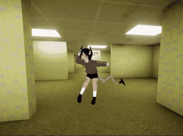 a cartoon character with horns and a tail is standing in a hallway