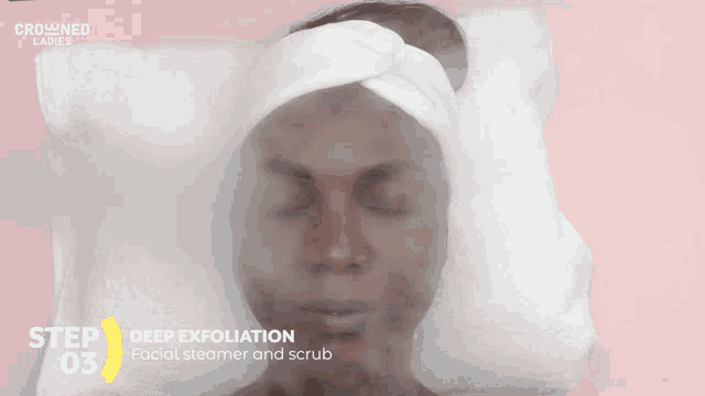 a woman is getting a deep exfoliation facial steamer and scrub from crowned ladies