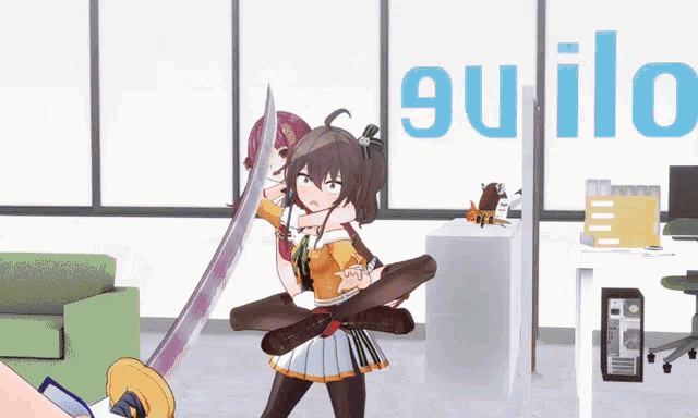 a girl holding a sword stands in front of a sign that says build