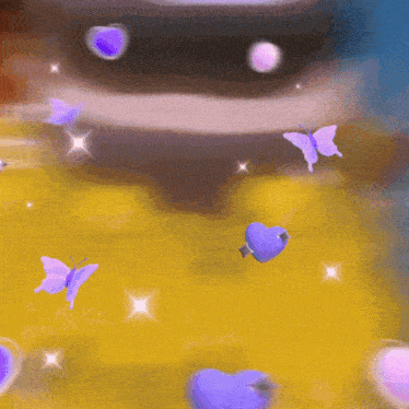 purple butterflies and purple hearts are flying in the air