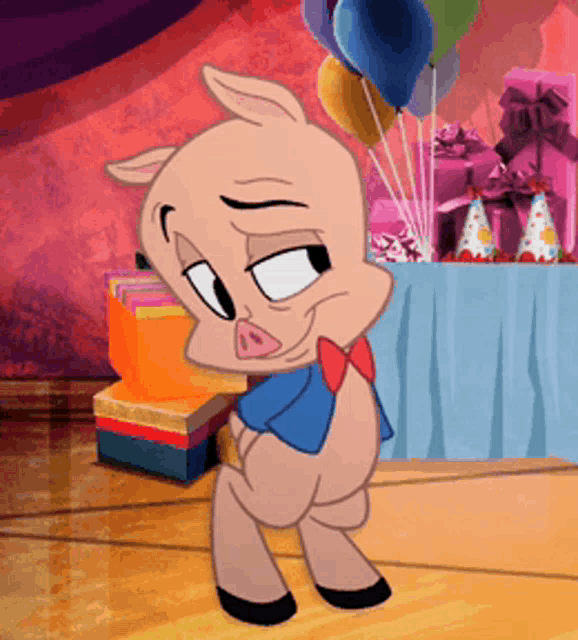 a cartoon pig is standing in front of a table with balloons and birthday hats