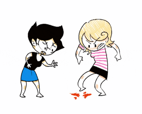 a cartoon of two girls with the word stomp on the bottom