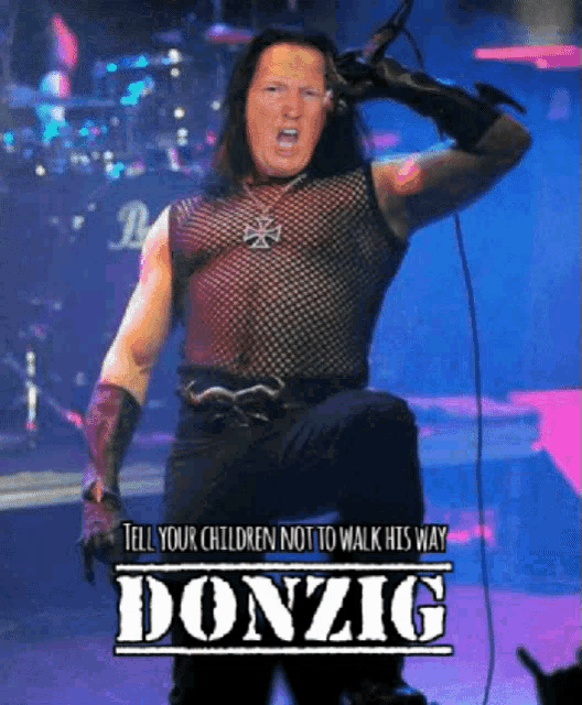 a poster for donzig shows a man with long hair