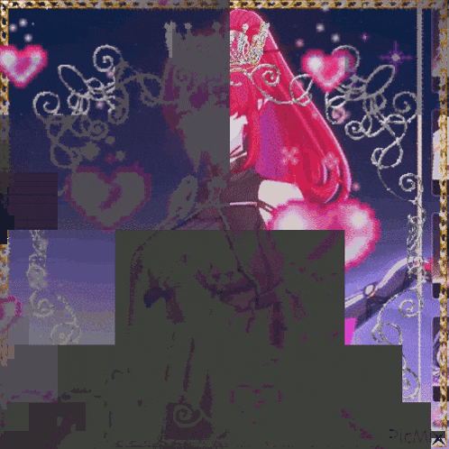 a girl with red hair is surrounded by pink hearts and has the word princess on the bottom