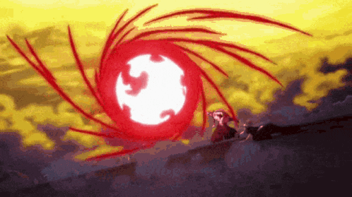 a person is standing in front of a red sphere with a swirl around it .